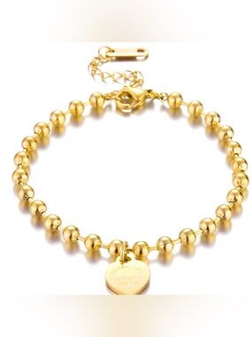 18K Gold Plated Stainless Steel Beaded Heart Charm Bracelet - NWT